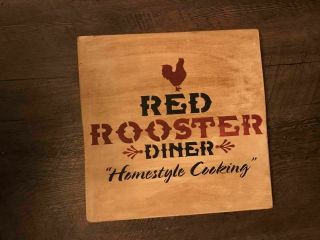 Red Rooster Diner Primitive Country Rustic Decor Handmade Wooden Sign White