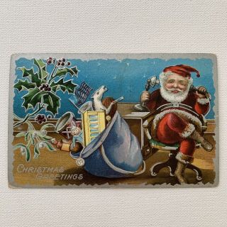 Antique Embossed Christmas Postcard Santa Claus Talking Phone Toys Silver Foil