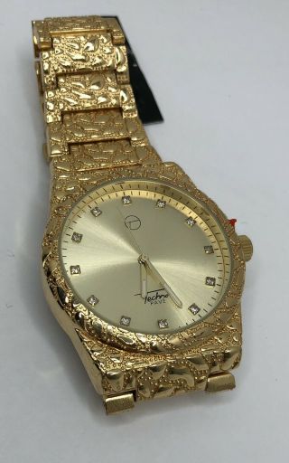 Techno Pave Hip Hop Nugget Pattern 14k Gold Plated Metal Band Watches