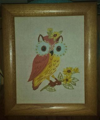 So Cute Vintage Crewel Owl Picture With Wooden Frame.  Hand Crafted.