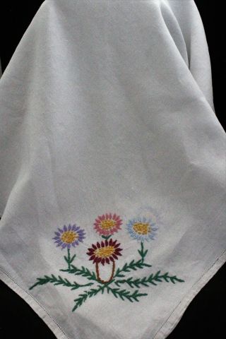 Vintage White Table Cloth With Hand Embroidered Coloured Flowers.