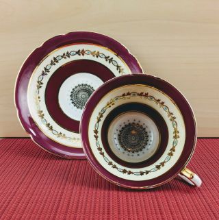 Stanley England Burgundy And Gold Footed Teacup / Tea Cup And Saucer