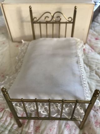 Vintage Dollhouse Single Metal Brass Bed W/ Mattress And Lace Coverlet