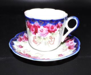 Unmarked Tea Cup And Saucer Blue White Pink Flowers  Vi7