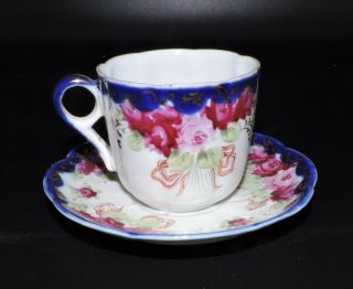 Unmarked Tea Cup and Saucer Blue White Pink Flowers  VI7 2