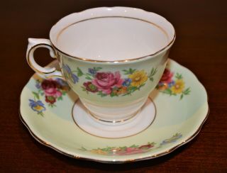 Vintage Floral Gold Trim Green Teacup & Saucer Set Colclough Bone China England