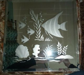 Vintage Retro Wall Mirror Etched Angelfish Plants Fish Tank Beveled Glass