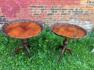 Rare Pr Of 1930’s Mahogany Pie Crust Tables Hand Carved From Mansion