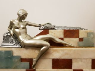 Rare Art Deco Sculpture Statue Nude Lady With Peacock