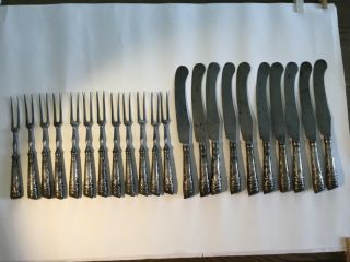 Rare Antique 18th Century Irish Sterling Handled Set Of 12 Two - Tine Forks,  10 Kni