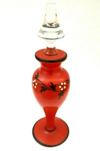 Vintage Art Deco Fostoria Orange Glass Perfume Bottle With Hand Painted Flowers.