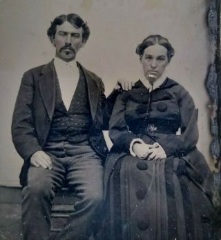 Antique Tintype 1880s Photo Husband And Sad Looking Wife With Large Button Dress