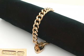 Rare Victorian Hm 9ct Gold Curb Link Bracelet & Heart Clasp 19.  1 G