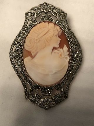 Antique Cameo Pin Pendant Set In Sterling Silver W Marcasites Marked W “w”