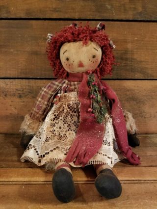 Primitive Folk Art Handmade Raggedy Ann Doll Winter Christmas Themed