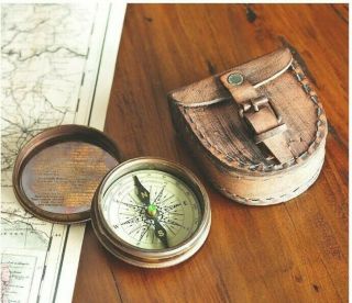 Handmade Antiqued Brass Poem Compass With Leather Case Home Decor & Gift
