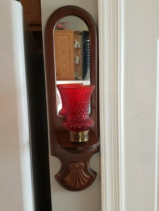 Vintage Wooden Mirrored Wall Candle Holder Sconce Red Votive Cup 19.  5 "