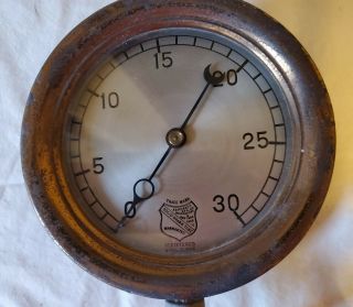 Antique Ashcroft Pressure Gauge 30 Pound Brass Bezel & Cast Iron Case Steampunk