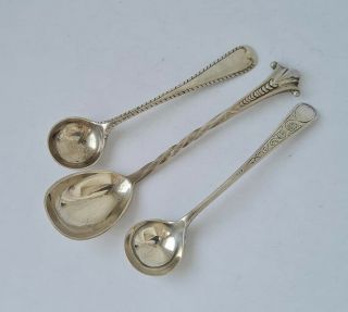 3 English Hallmarks Sterling Silver Condiment Spoons: 2 Salt & 1 Mustard Spoons
