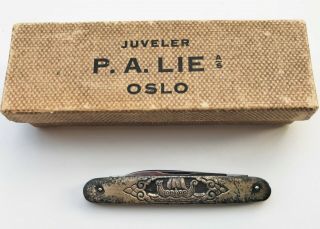 Antique Pocket Pen Knife - Viking Ship Theme - " Norne " - W/ P.  A.  Lie,  Oslo Jeweler Box