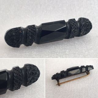 Antique Whitby Jet Bar Brooch Carved Victorian Mourning Jewellery Vintage Gothic