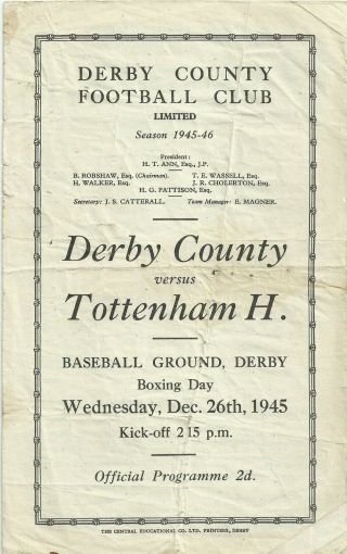 Rare Ww2 Football Programme Derby County V Tottenham Hotspur Boxing Day 1945