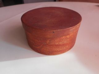 Rare 19th C.  very small Shaker made Banded Box w/Org.  Red Wash Paint.  Pantry Box 3