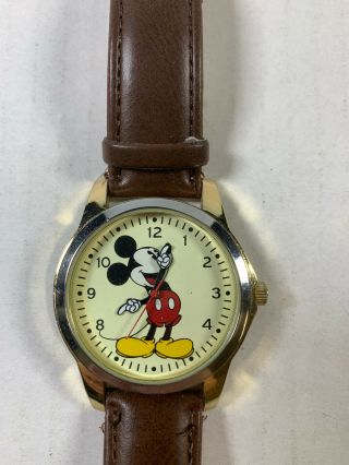 Disney Mickey Mouse Gold Tone Quartz Watch Mckaq16001 Brown Band