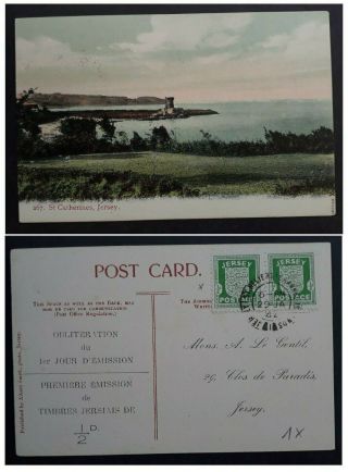 Rare 1942 Jersey (german Occ) Fdc Postcard " St Catherines " 2 Stamps St Heliers