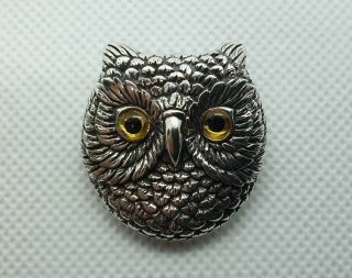 Good Size Solid Sterling Silver Owl Face Badge / Brooch / Pin