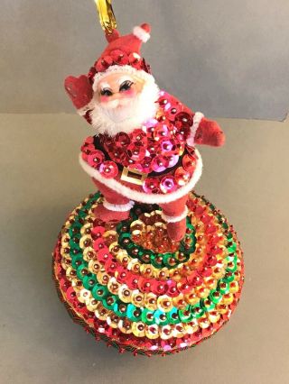 Rare Vintage Handmade Sequin Jeweled Dancing Santa Christmas Ornament Satin Ball