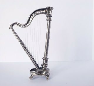 Vintage Solid Silver Italian Made Miniature Harp Hallmarked.  Large