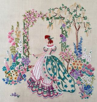 Vintage Stunning Large Hand Embroidered Panel Crinoline Lady In A Cottage Garden