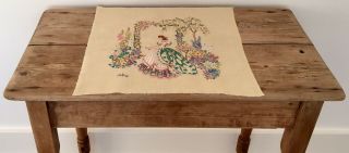 Vintage Stunning Large Hand Embroidered Panel Crinoline Lady in a Cottage Garden 3