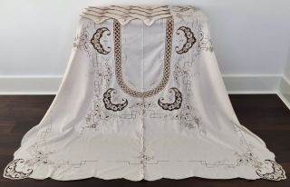 Vintage Madeira Hand Embroidered Cotton Cut Work Banquet Tablecloth & Napkins
