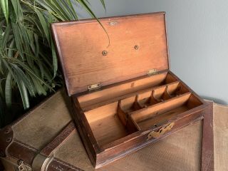 Antique Rustic Pine Artist Box Stationary Pen Case Pigeon Hole Brass Handle