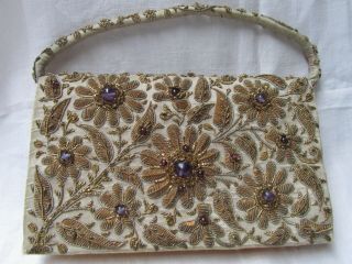 Vintage Hand Embroidered Bullion Gilt Metal Thread & Purple Glass Cabachon Purse
