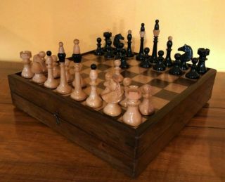 Large Rare Antique Lasker - Schlechter Type Chess Set & Board C.  1910