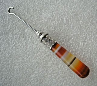 Pretty Antique Sterling Silver Button Hook With Banded Agate Handle