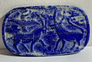 Museum Quality Ancient Sasanian Lapis Lazuli Tablet Depicting 2 Beast Ca 500ad