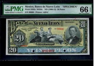 Mexico Rare $20 Pesos " Specimen " Banco De Nuevo Leon 1900 - 12 Pmg 66