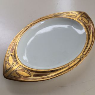 Vintage Art Nouveau Deco Oblong Porcelain Dish Plate Bowl Hand Painted Gold Edge