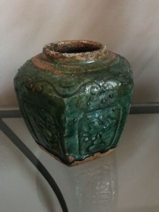 Antique Chinese Green Glazed Hexagonal Ginger Jar With Floral Design
