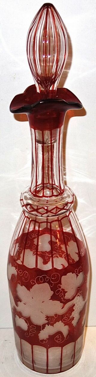 Victorian Antique Bohemian Cut/etched Ruby Glass To Clear 16 - 1/2 " Decanter Nr