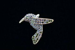 Monet Signed Vintage Pin Brooch Rhinestone Crystal Hummingbird Blue Purple Bin5