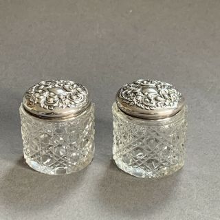 Art Nouveau 1904 Sterling Silver Top Cut Glass Vanity Jars