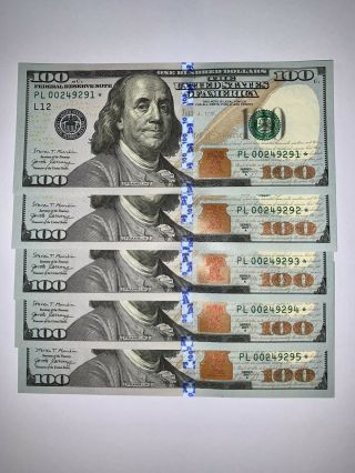 (5) Sequential 2017 - A $100 Bill Star Notes Low Serial Rare Uncirculated