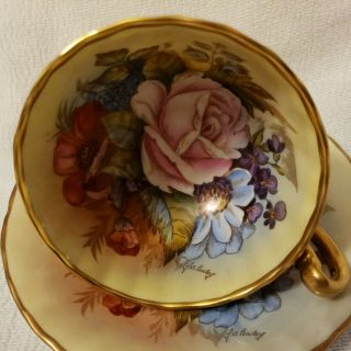 - SPECTACULAR and RARE Aynsley Cabbage Rose Teacup and Saucer Signed J A Bailey - 5