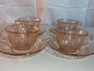 Rare Federal Glass Co.  Sharon " Cabbage Rose " Pink Cup And Saucer Set Of 4