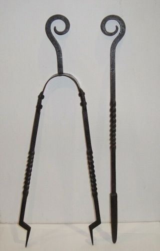 Antique Arts & Crafts Guild Wrought Iron Fire Irons Tongs And Poker